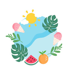 Tropical Summer Beach Vector Illustration with Fruits, Monstera, ice cream, and sun