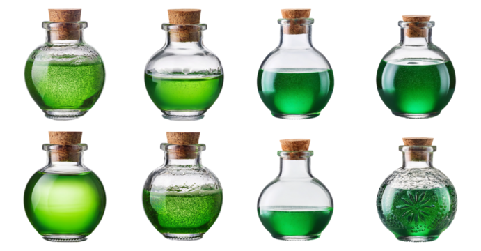 Colorful Glass Bottles with Green Liquid on White Background, Isolated on Transparent, white background