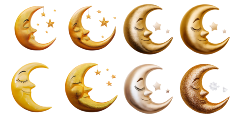 Whimsical Moon and Star Characters in Various Gold Shades, Isolated on Transparent, white background