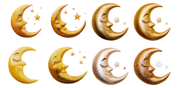 Whimsical Moon and Star Characters in Various Gold Shades, Isolated on Transparent, white background