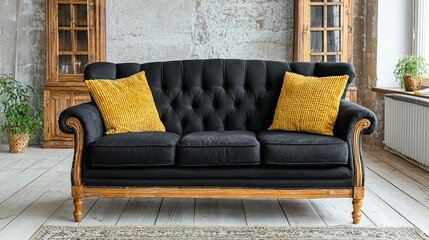 Black sofa with mustard yellow cushions in a modern farmhouse style living room.