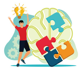 Mind fitness concept  With a Puzzle and Light Bulb.