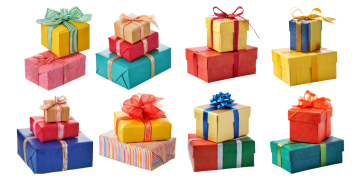 Colorful Gift Boxes Stacked in Various Sizes and Designs for Celebration, Isolated on Transparent, white background - Powered by Adobe