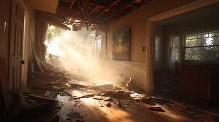 and keyword list for the image

 Ceiling collapse in damaged interior, sunlight flooding room after structural failure