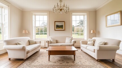 Fototapeta premium Elegant living room with cream sofas, large windows, wooden floor, chandelier, and a central coffee table in a bright, classic setting.