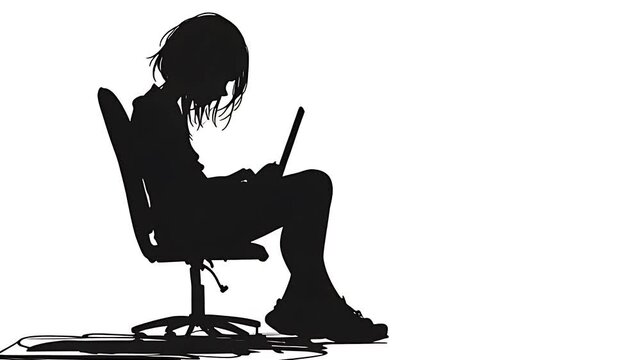Young person using laptop in white background animated