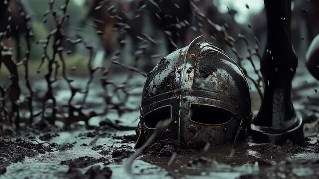 Forgotten Sentinel: A solitary helmet rests in a muddy expanse, as a poignant testament to times past, and embodies themes of sacrifice and perseverance. 
