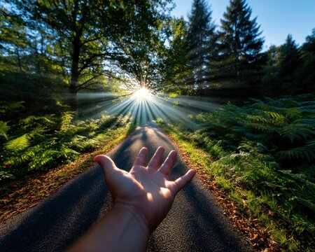 Reaching hand toward a sunlit path