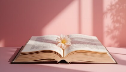 Obraz premium white flower on an open book in soft pink background