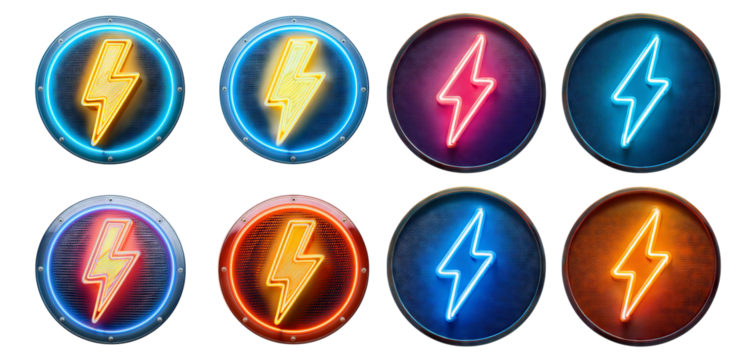 Colorful Neon Lightning Bolt Icons for Dynamic Design Elements, Isolated on Transparent, white background