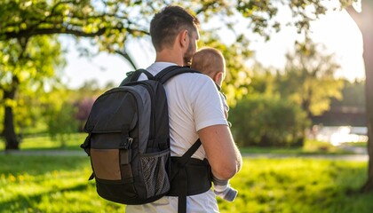 A father lovingly carrying his baby in a front carrier while walking through a park on a sunny day