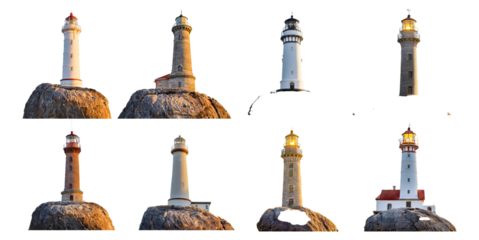 Collection of Beautiful Lighthouses on Rocky Shores at Sunset, Isolated on Transparent, white background