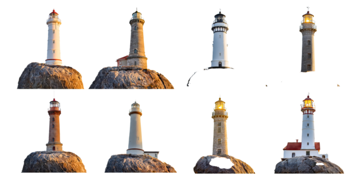 Collection of Beautiful Lighthouses on Rocky Shores at Sunset, Isolated on Transparent, white background - Powered by Adobe