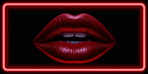 neon outline wine red lips with lipstick on black background.