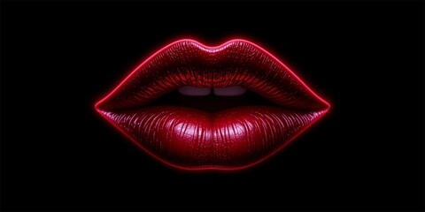 neon outline wine red lips with lipstick on black background.