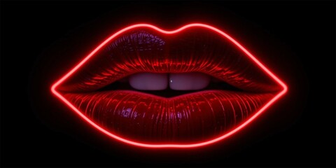 neon outline wine red lips with lipstick on black background.