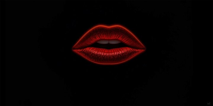 neon outline wine red lips with lipstick on black background. - Powered by Adobe