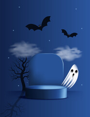 Spooky Happy Halloween vertical template with ghosts, bats, empty podium and night background. Background for product or message. Vector illustration flat style, dark blue black colors, copy space