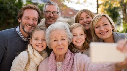 Multi generation family taking a selfie picture - Powered by Adobe