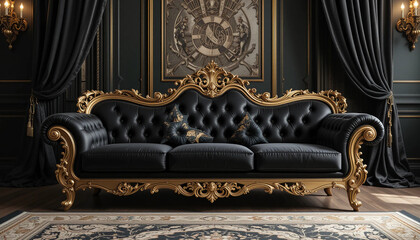 Opulent Elegance  A Grand Black and Gold Velvet Sofa