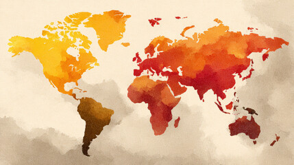 A colorful watercolor-style world map featuring warm gradient hues from yellow to deep red, highlighting continents with artistic texture and subtle cloud-like background.