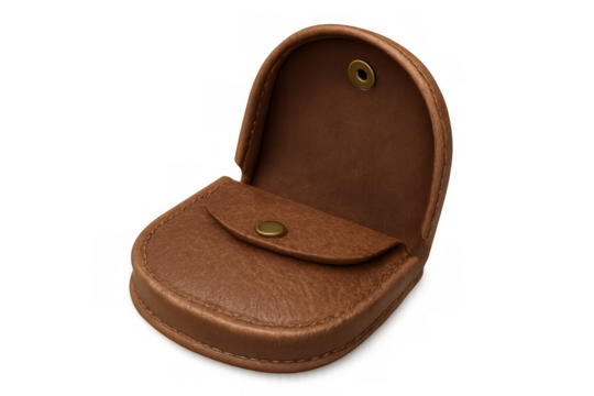 Classic brown leather coin purse open and displaying emptiness, isolated on a transparent background, ready for photo editing