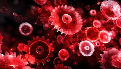 Red gears in motion on a dark background