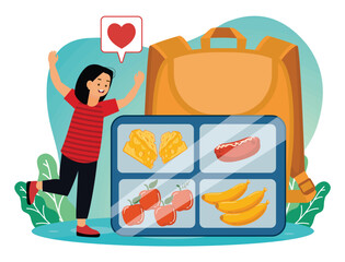 Kids lunch box concept. Child Enjoying a Healthy School Lunch with Backpack and Lunchbox Items.