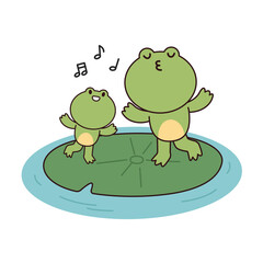 frog family dancing and singing on lily pad in water. flat cartoon style vector illustration isolated on white background