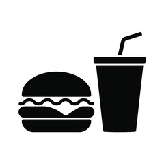 Black Silhouette Icon of Fast Food Burger and Drink on White Background