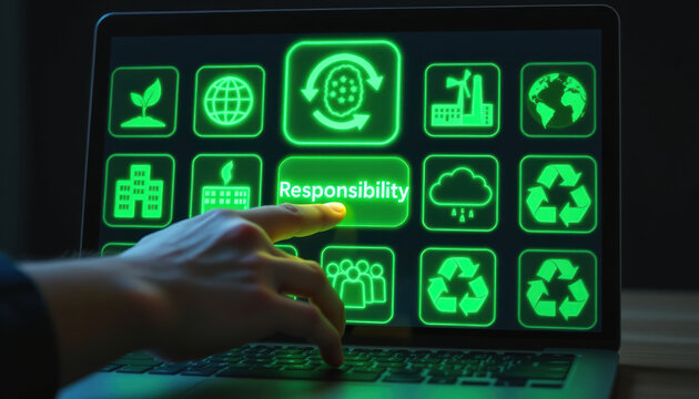 Responsibility highlighted laptop screen surrounded by green icons representing sustainability, recycling, and environmental awareness. image conveys strong message about eco friendly practices