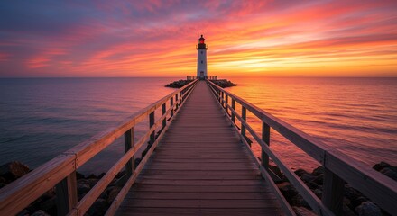 Obraz premium Boardwalk over the sea, line leading to a lighthouse, vibrant sunset, high clarity