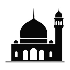 Black silhouette of a mosque with dome and minaret on white background