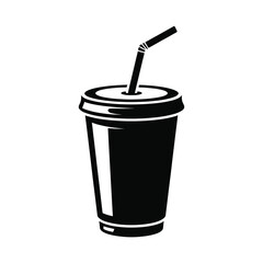 Black and white vector illustration of a disposable cup with a straw