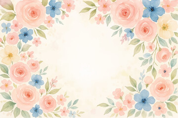 Vintage floral background with romantic pink roses, elegant frame, and decorative hearts for a wedding or Valentine's Day card design