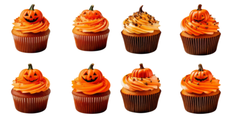 Festive Halloween Cupcakes with Pumpkin Decorations and Frosting, Isolated on Transparent, white background