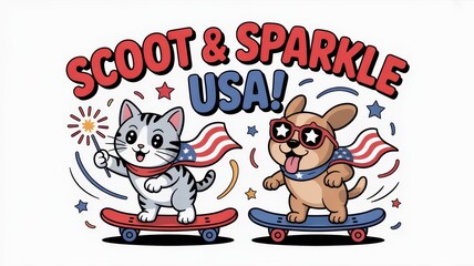 4th July Celebration Illustration Pets Riding Skateboards in USA Fun and Festive Animal Adventure