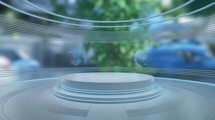 High-Tech Curved Blank Podium with Holographic Projections &ndash; Empty Space for Product Placement with Futuristic Design and Blurred Background