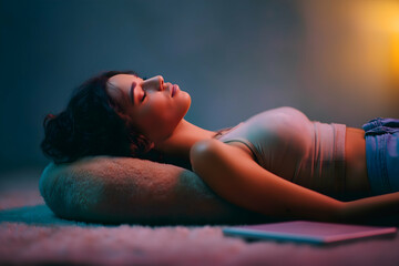 A woman lies relaxed on a cushion with eyes closed, bathed in soft, warm light, suggesting calmness and rest in a cozy indoor setting.