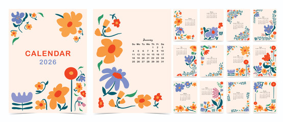 2026 table monthly calendar week start on Sunday with flower that use for vertical digital and printable A4 A5 size