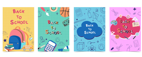 Back to school  on grid background with bag,calculator,ball for A4 vertical design