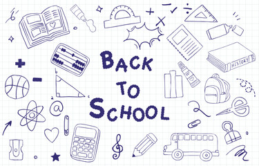 Back to school on grid banner with cute blue doodle decoration for horizontal design