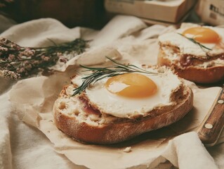 Delicious breakfast toast with fried egg and herbs cozy kitchen food photography rustic vibes close-up culinary delight