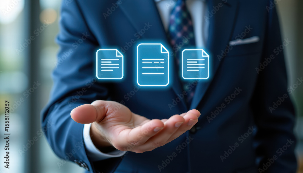 Aufkleber digital documents are displayed above hand, symbolizing modern technology and business solutions. im