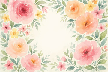 Vintage floral background with romantic pink roses, elegant frame, and decorative hearts for a wedding or Valentine's Day card design