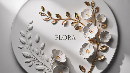 White floral relief with gold accents botanical