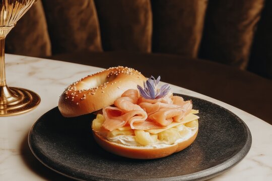 Gourmet bagel with ham and cheese upscale restaurant food photography elegant setting close-up shot culinary delight