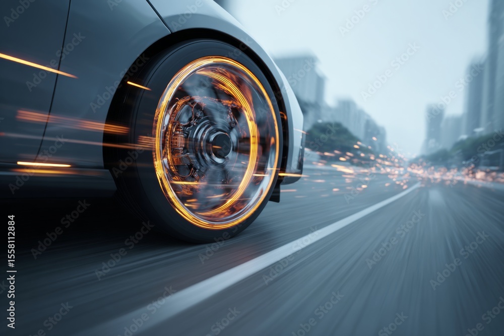 Poster dynamic close-up of a car tire in motion with sparks and blurred cityscape in the background, repres