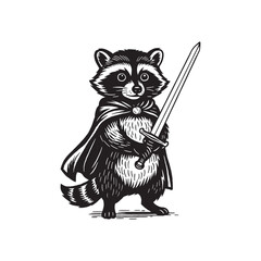 Raccoon Warrior Mascot, Sword Animal Vector Illustration, Cute Fantasy Raccoon with Cape