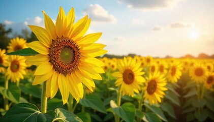 Fototapeta premium Golden Sunflowers Basking in Summer Sun A Vibrant Field Stretching to the Horizon